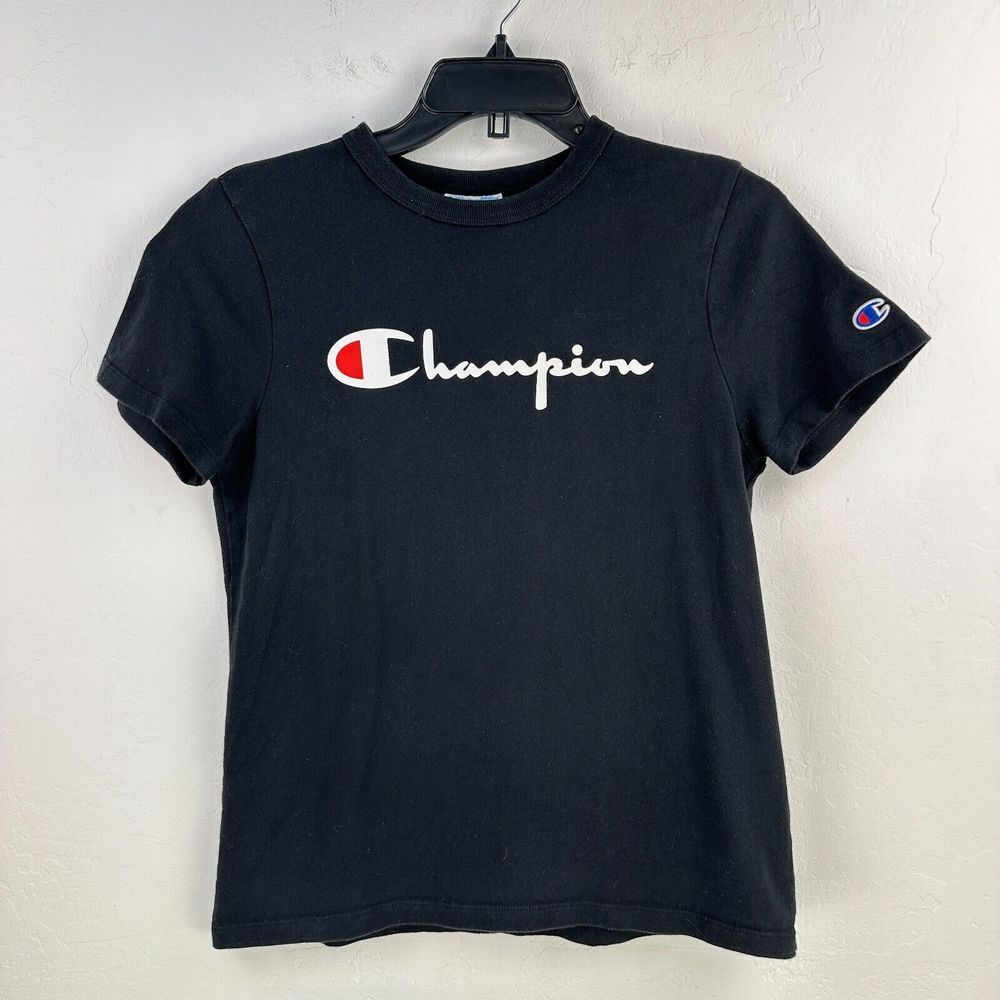 Champion Tshirt Womens Small Black Logo Short Sleeve Minimalist Reverse‎ Weave